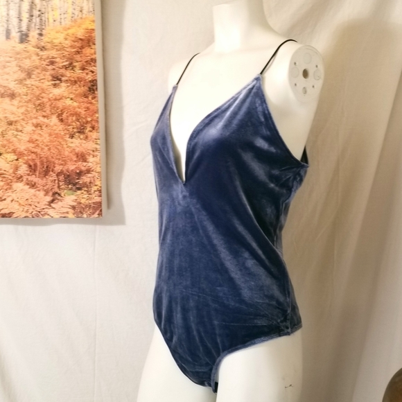 Express Tops - Express Blue Velvet Look Bodysuit